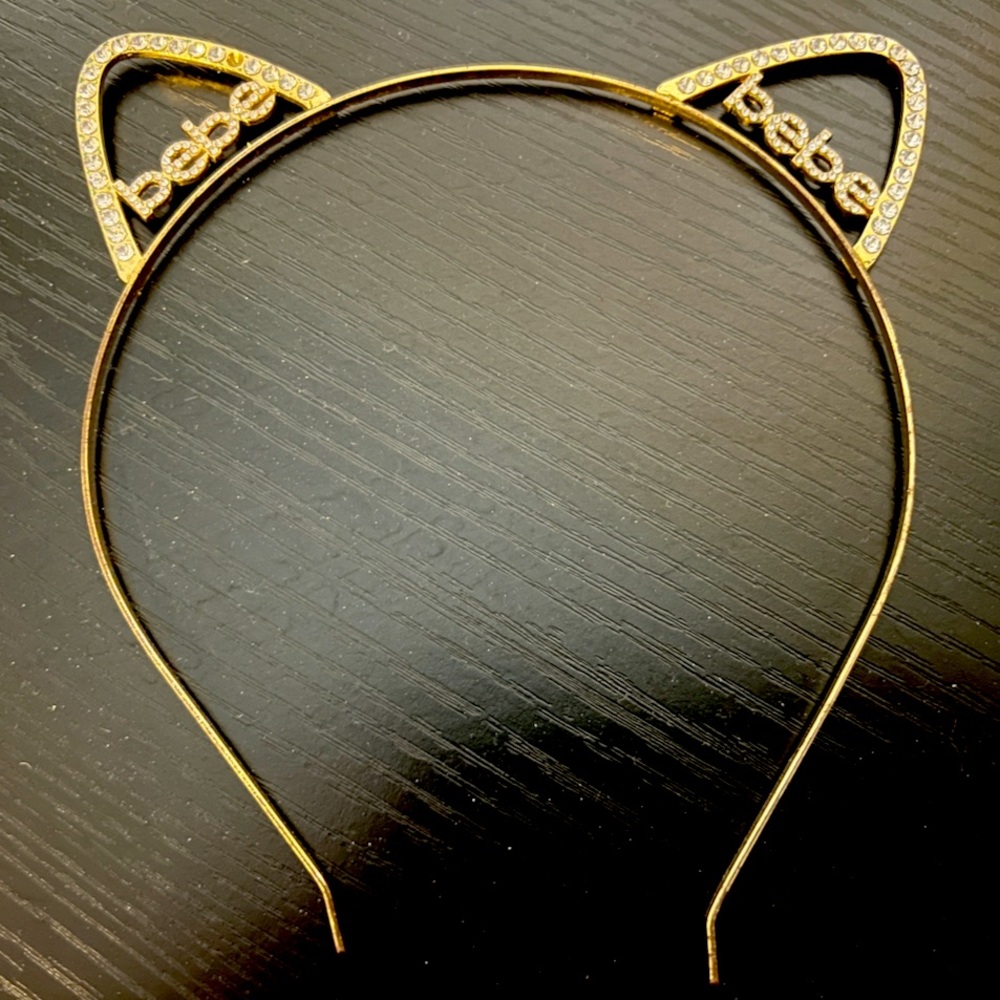 RARE Bebe Gold & Rhinestones Cat Ear Hair Accessory Headband Metal OS Vintage